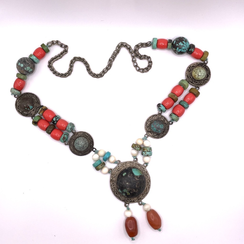 Vintage Tibetan Nepalese Style Turquoise Coral Stone Statement Necklace